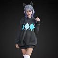 Woman With Purple Hair Wearing Cat Ear Headphones Black Argyle Sweater Shorts And White Socks