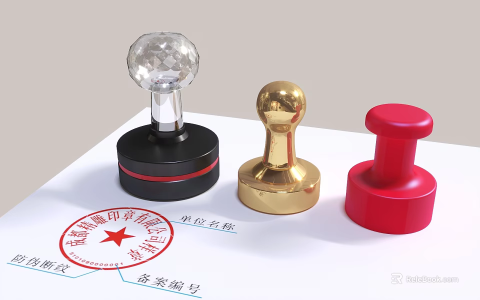 Different Colored Official Seals With Crystal Golden Red Tops On Paper 3d model 