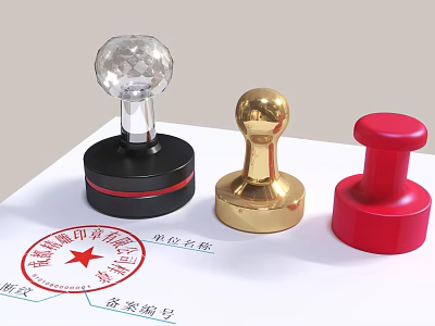 Different Colored Official Seals With Crystal Golden Red Tops On Paper 3d model
