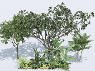 The Lush Arbor with Dense Foliage in Garden Featuring Palm Trees and Green Shrubs 3d model