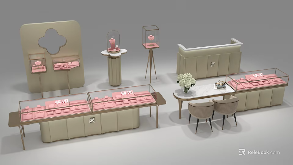 Elegant Jewelry Store Interior Design With Glass Display Cases Counter And Decorative Chairs 3d model 