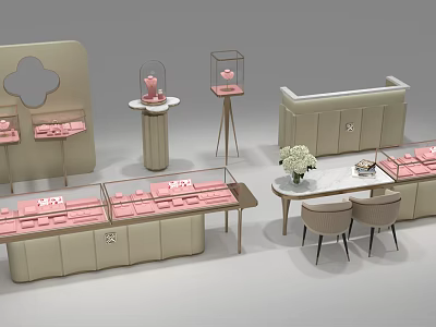 Elegant Jewelry Store Interior Design With Glass Display Cases Counter And Decorative Chairs 3d model