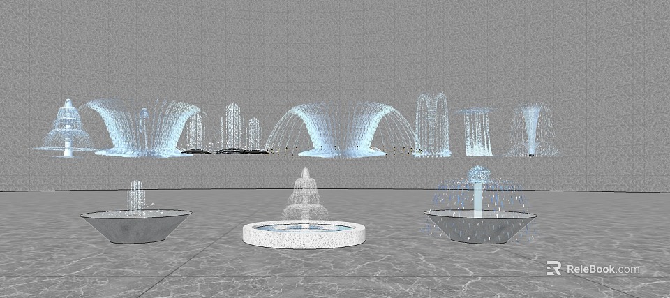 Various Styles Ornamental Fountains With Tiered And Circular Base In Urban Setting 3d model 