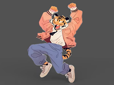 Game Film Tiger Character Dancing Wearing Pink Jacket Blue Pants White Shoes Energetic Pose 3d model