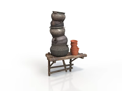 Rustic Wooden Table With Stacked Pottery Jars And Small Terracotta Pots 3d model