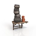 Rustic Wooden Table With Stacked Pottery Jars And Small Terracotta Pots