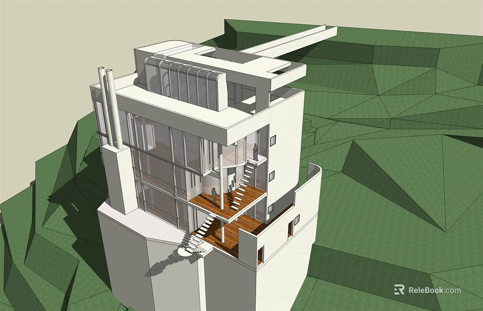 Modern Detached Villa With Glass Facade Open Terrace And Staircase Design 3d model 
