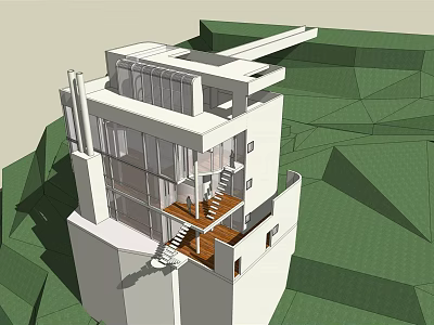 Modern Detached Villa With Glass Facade Open Terrace And Staircase Design 3d model
