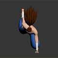 3D Character With Spiky Brown White Hair Shirtless Blue Baggy Pants Standing On Dark Background