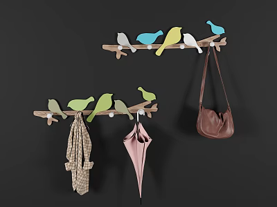 Wooden Wall Hooks With Colorful Bird Decorations Hanging Scarf Umbrella And Leather Bag 3d model