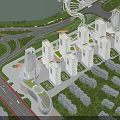 Tall Modern Office Buildings In Urban Skyline With Wide Road Cars And Greenery