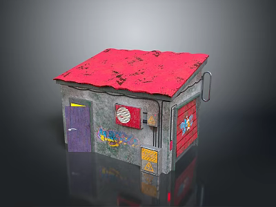 Small Building Structure With Red Roof Purple Door Graffiti On Walls And Red Roller Shutter 3d model
