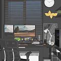 Modern Entertainment Room Setup With Dual Monitors Neon Lights Blinds And Comfortable Chair