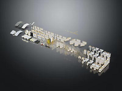 White Architectural Model With Various Building Components In Three Dimensional Arrangement On Black Background 3d model