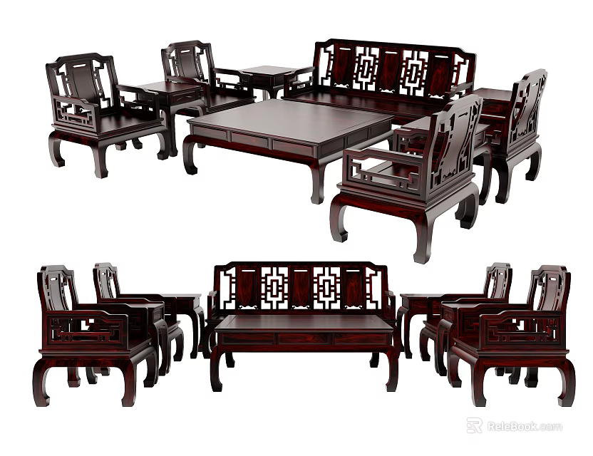 Classic Carved Wooden Sofa And Coffee Table Set With Intricate Patterns And Solid Frame Design 3d model