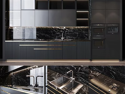 Modern Black Kitchen Cabinets With Marble Countertop And Gold Handles 3d model