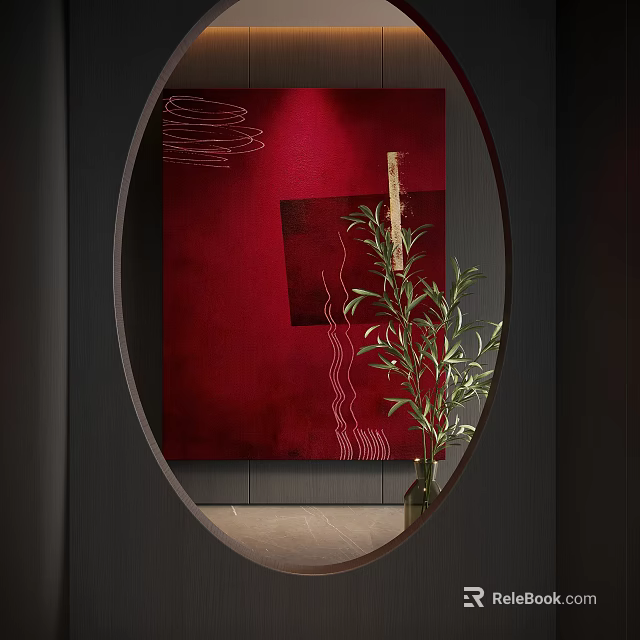 Modern Abstract Painting With Red Background And Curved Lines For Interior Decor 3d model 
