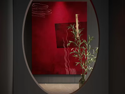 Modern Abstract Painting With Red Background And Curved Lines For Interior Decor 3d model