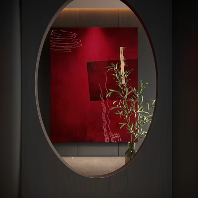 Modern Abstract Painting With Red Background And Curved Lines For Interior Decor 3d model