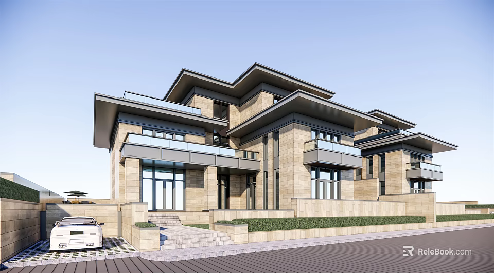 Modern Detached Villa Exterior With Stone Facade Large Windows Balcony and Front Lawn 3d model 
