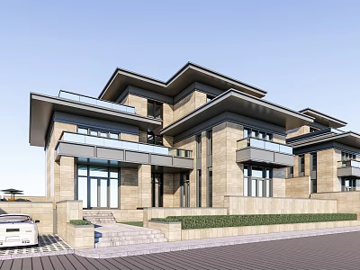 Modern Detached Villa Exterior With Stone Facade Large Windows Balcony and Front Lawn 3d model
