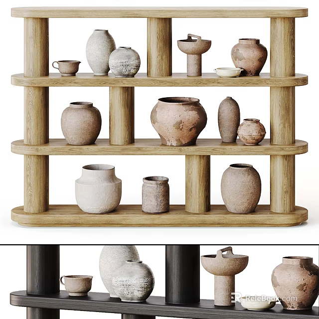 Artisanal Ceramic Vessels in Various Shapes and Sizes on Wooden Shelves 3d model 