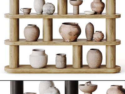 Quiet Style Earth Pottery Jar Ornaments Combination Pottery Jar Natural Style Jar Ornaments Accessories 3d model