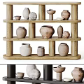 Artisanal Ceramic Vessels in Various Shapes and Sizes on Wooden Shelves