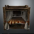 Traditional Wooden Bed With Intricate Carved Frame And White Canopies Red Ties