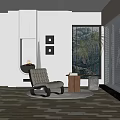 Modern Living Room Interior With White Chair Round Fireplace And Large Window Blinds