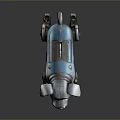 Standing Robotic Dog With Silver Blue Metallic Body Mechanical Legs And Yellow Eyes