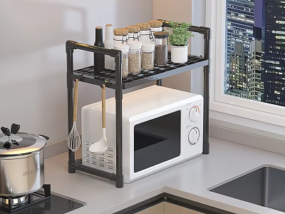 Black Metal Kitchen Shelf With Microwave Spice Jars And Utensils On Countertop 3d model
