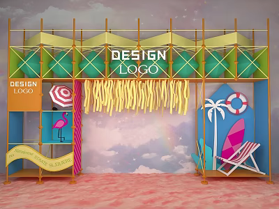 Colorful Event Entrance With Tropical Elements And Design Logo 3d model