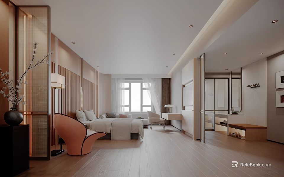 Elegant Modern Hotel Guest Room Interior With Large Bed Sofa Wooden Flooring And Floor-to-Ceiling Window 3d model 
