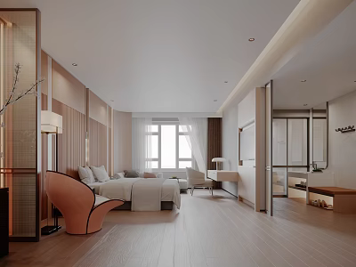 Elegant Modern Hotel Guest Room Interior With Large Bed Sofa Wooden Flooring And Floor-to-Ceiling Window 3d model