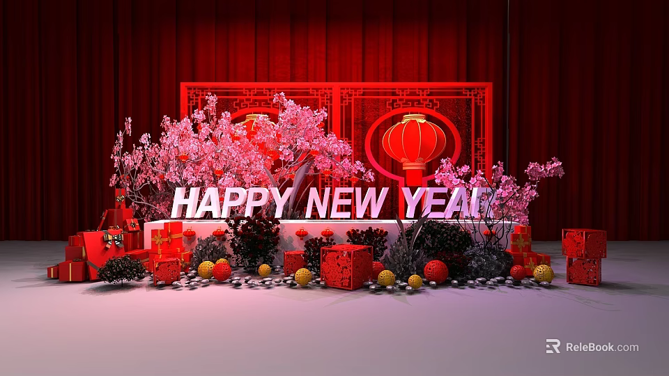 Festive Happy New Year Decoration With Red Lanterns Pink Cherry Blossoms And Gift Boxes 3d model 