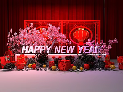 Festive Happy New Year Decoration With Red Lanterns Pink Cherry Blossoms And Gift Boxes 3d model