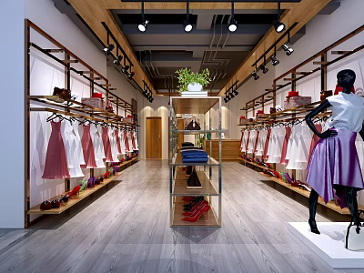 Fashion Clothing Store Interior With Racks Display Shelves And Mannequin In Modern Design 3d model