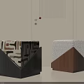 Modern Two Square Stools With Geometric Fabric And Wooden Bases In Interior Entryway
