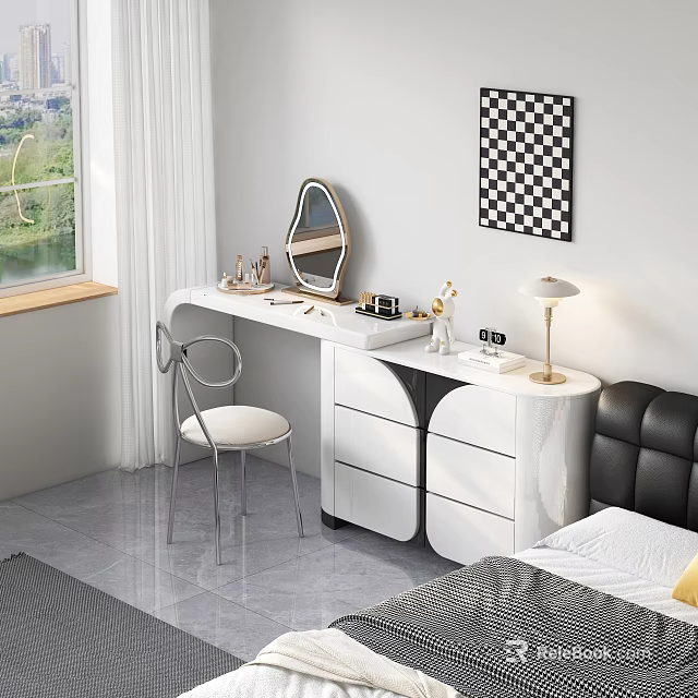 Modern White Dressing Table With Mirror Chair Drawers And Table Lamp 3d model