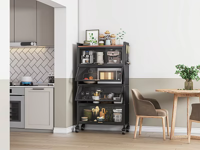 Wheeled Black Sideboard With Multiple Shelves Decorative Jars And Plants In Kitchen Dining Area 3d model