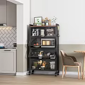Wheeled Black Sideboard With Multiple Shelves Decorative Jars And Plants In Kitchen Dining Area