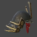 Ornate Traditional Samurai Helmet With Golden Decorations And Red Mask Design