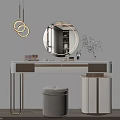 Modern Minimalist Dressing Table With Round Mirror Ottoman Stool And Decorative Flowers 3d model
