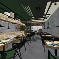 Modern Restaurant Interior With Green Striped Ceiling Wooden Partitions Black Furniture And Wall Decorations