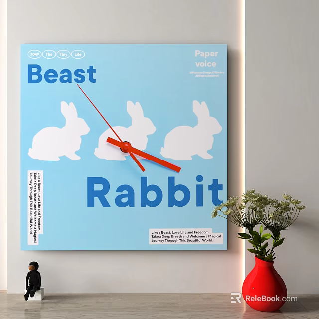 Blue Wall Clock With White Rabbit Silhouettes And Red Hands Design 3d model