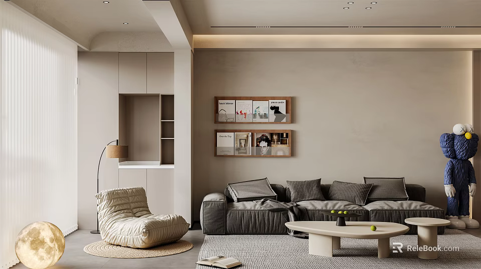 Modern Living Room Interior With Gray L shaped Sofa Bean Bag Chair And Wall Shelves 3d model 