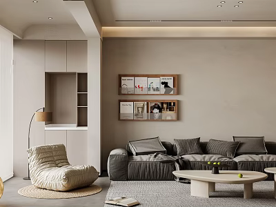 Modern Living Room Interior With Gray L shaped Sofa Bean Bag Chair And Wall Shelves 3d model