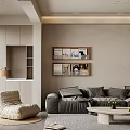 Modern Living Room Interior With Gray L shaped Sofa Bean Bag Chair And Wall Shelves