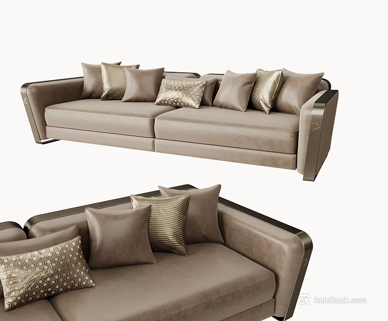 Elegant Modern Light Brown Leather Sectional Sofa With Multiple Decorative Pillows 3d model